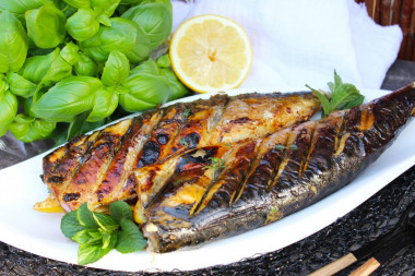 Mackerel kebab on the grill on the grill