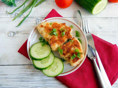 Chicken fillet in breadcrumbs in a frying pan