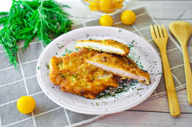 Chops in breadcrumbs in a frying pan