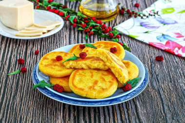 Cornmeal tortillas in a frying pan