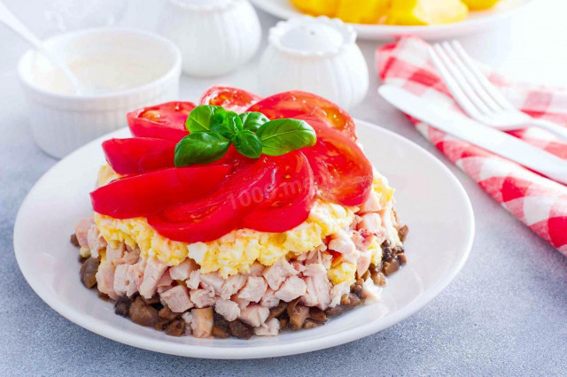 Beloved husband salad with smoked breast and mushrooms