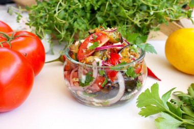 Eggplant salad of bell peppers and tomatoes with garlic