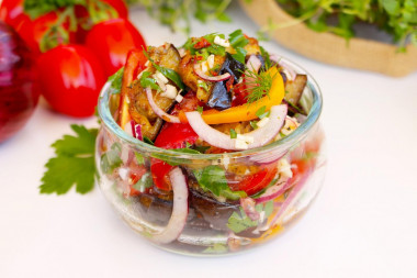 Eggplant salad of bell peppers and tomatoes with garlic