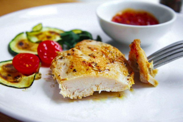 Chicken breast steak in a frying pan