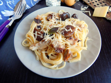 Spaghetti with chicken and mushrooms in cream sauce