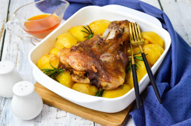 Pork knuckle baked with potatoes in the oven