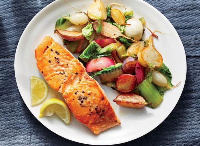 Salmon fillet in a frying pan