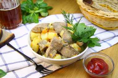 Liver with potatoes in a frying pan