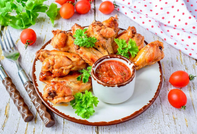 Wings in honey sauce in a frying pan