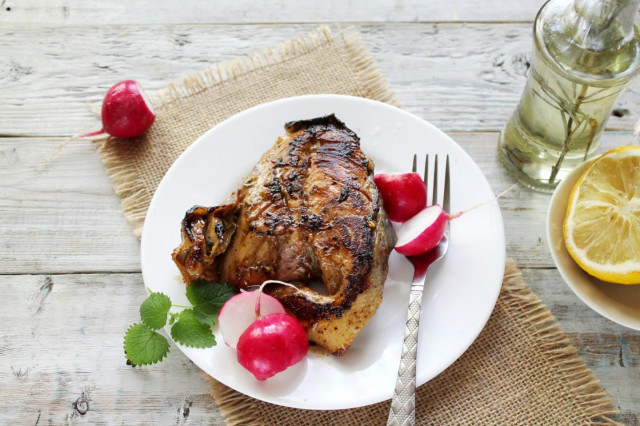 Chum salmon steak in a frying pan