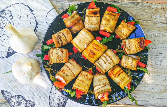 Eggplant rolls with tomatoes and garlic