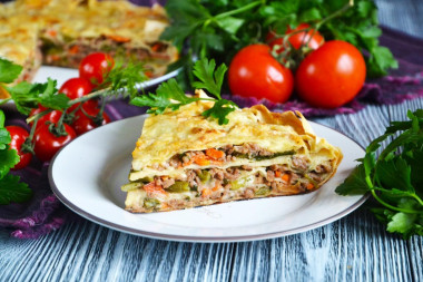 Lazy lasagna in a pan with minced pita bread