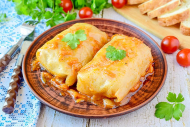 Frozen cabbage rolls in a slow cooker in tomato sauce