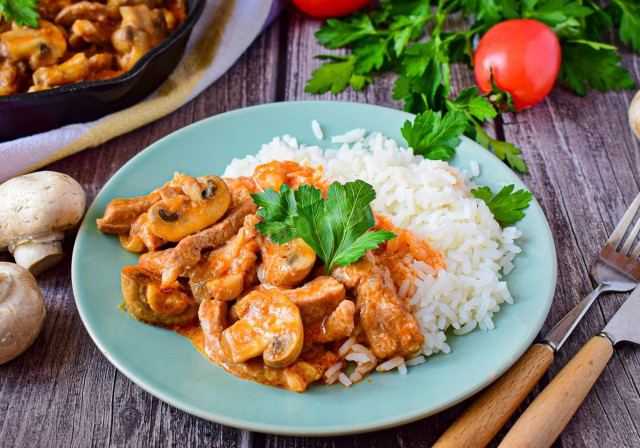 Pork beef stroganoff with mushrooms and sour cream