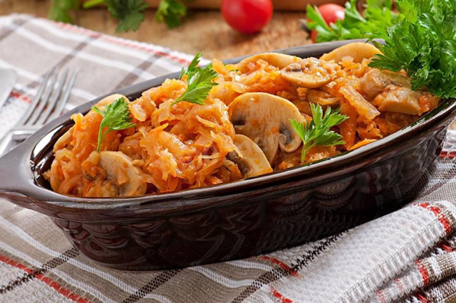 Stewed cabbage with mushrooms in a slow cooker