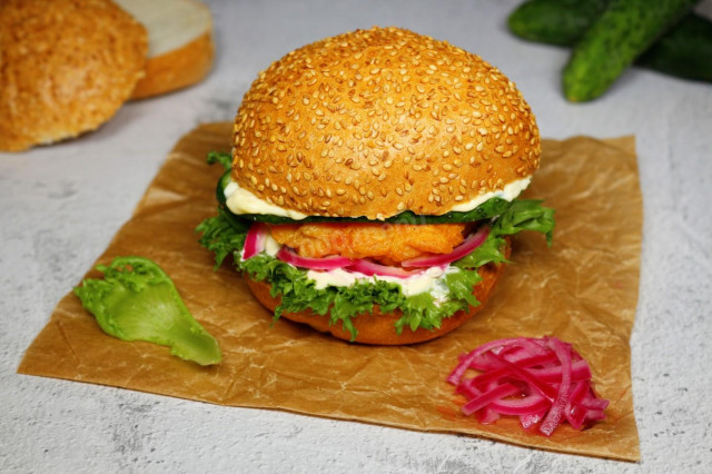 Homemade burger with spicy crispy chicken