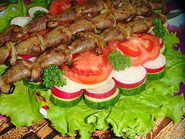 Shish kebab chicken hearts in mustard marinade