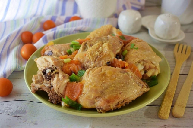 Chicken with tomatoes in a frying pan