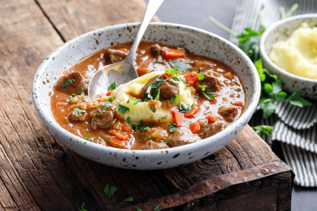 Gravy with beef and celery for potato mashed potatoes