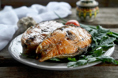 Chum salmon steaks on the grill