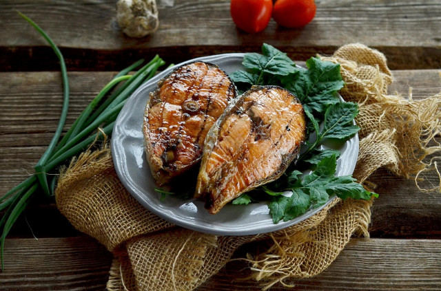 Chum salmon steaks on the grill