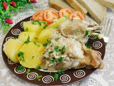 Rabbit stewed in sour cream with potatoes