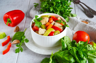 Turkey with vegetables in a pan stewed