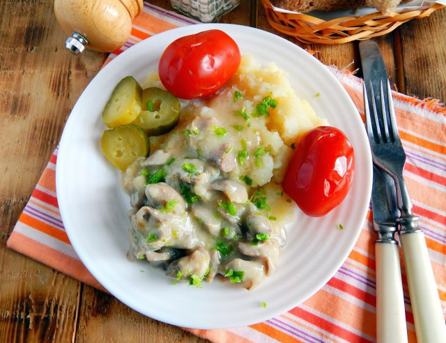 Chicken fillet with mushrooms in a frying pan in cream