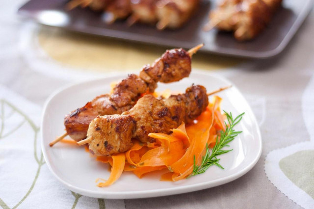 Turkey kebab on skewers in a frying pan