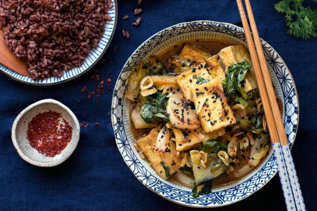 Stewed tofu with escarole