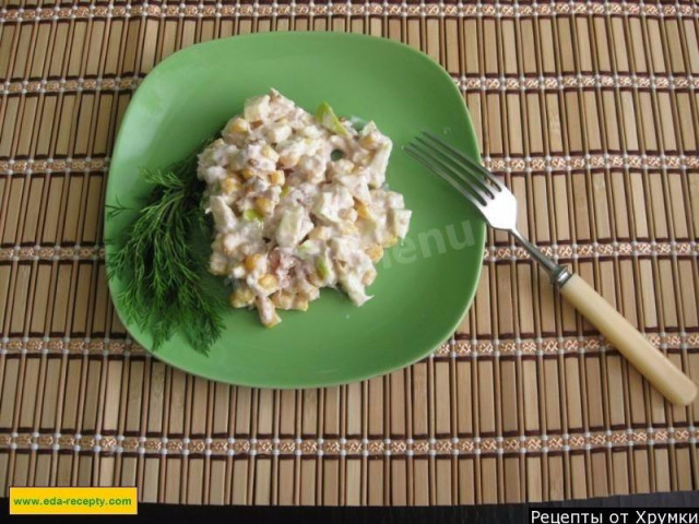 Canned tuna salad.apples and corn