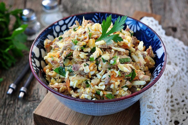 Pink salmon pie filling with carrots and eggs