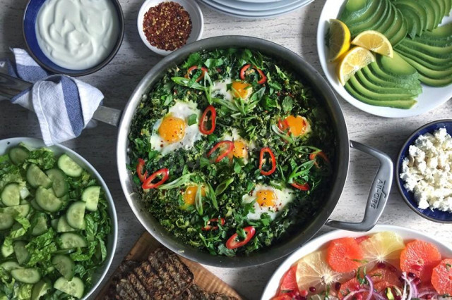 Shakshuka with chard greens and zucchini