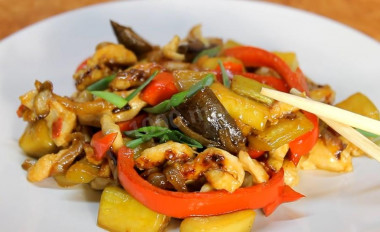 Chicken with vegetables in a wok pan