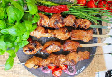 Shish kebab with tomatoes and pork onions