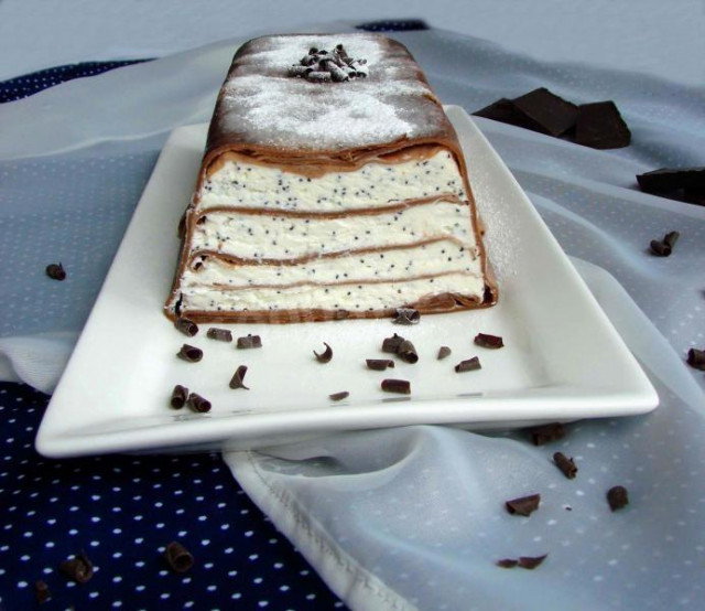 Pancake curd cake made of chocolate pancakes