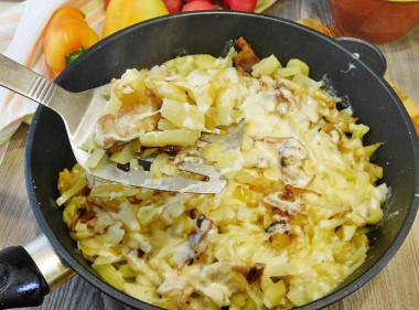 Fried potatoes with pork in cheese