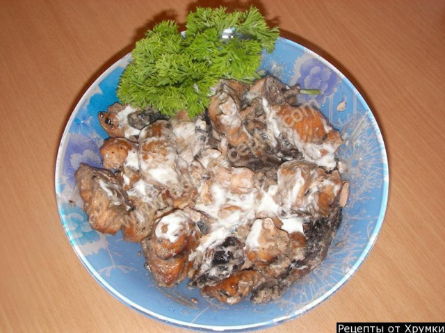 Fried pink salmon with mushrooms