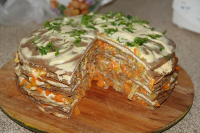 Chicken liver cake with cheese, with mayonnaise and herbs