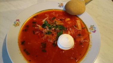 Borscht in chicken broth with boiled beetroot