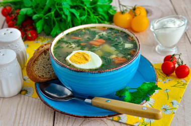 Nettle soup with egg, potatoes and chicken