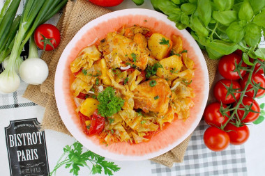 Stewed cabbage with potatoes and chicken