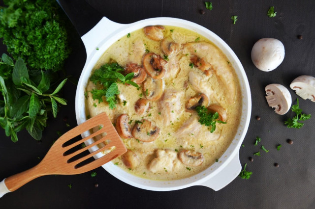 Chicken with mushrooms in sour cream sauce in a frying pan