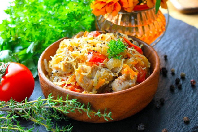 Sauerkraut with meat stewed in a slow cooker