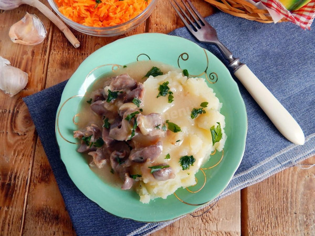 Chicken hearts and stomachs stewed in a slow cooker