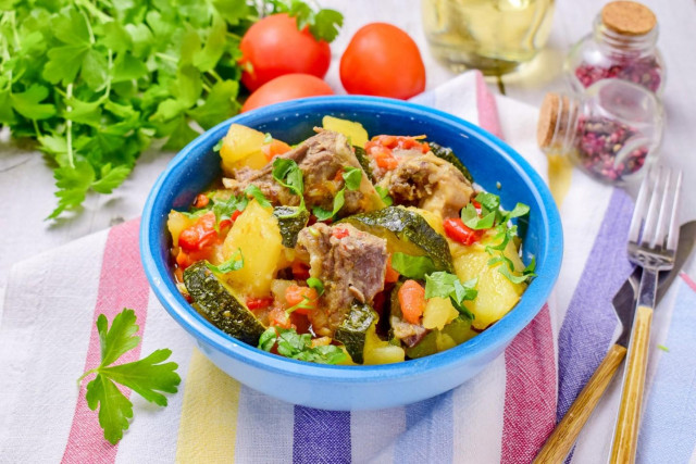 Lamb with vegetables in a cauldron stewed