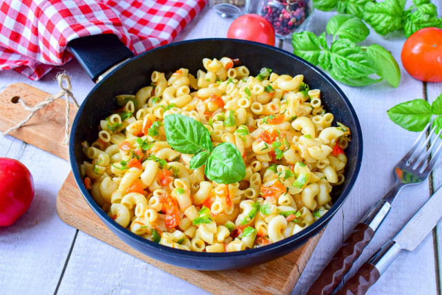 Stewed pasta in a frying pan