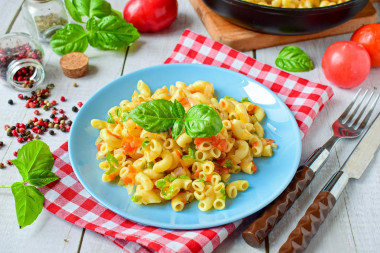 Stewed pasta in a frying pan