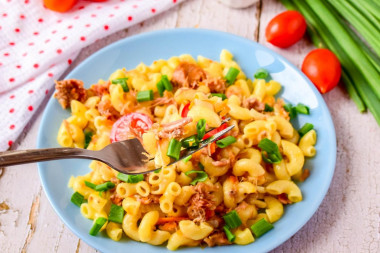 Navy pasta with stew in a slow cooker