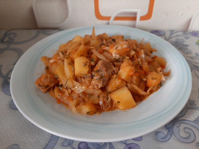 Stewed cabbage with potatoes, tomato paste and pork